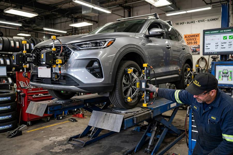 Car on a wheel alignment rack showing the difference between wheel alignment vs wheel balancing