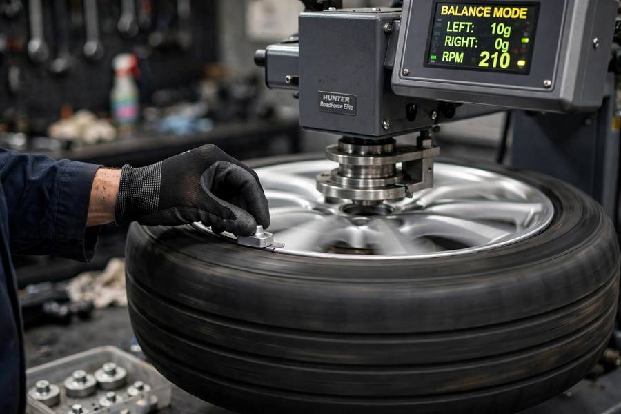 Wheel balancing machine with technician attaching balance weights to a rim