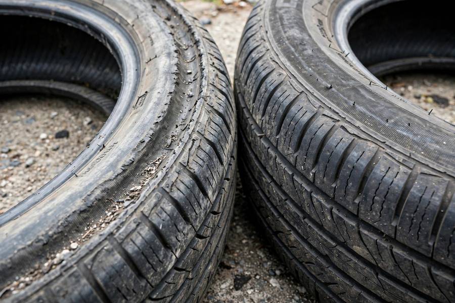 Uneven tire wear from bad wheel alignment compared to normal tire wear