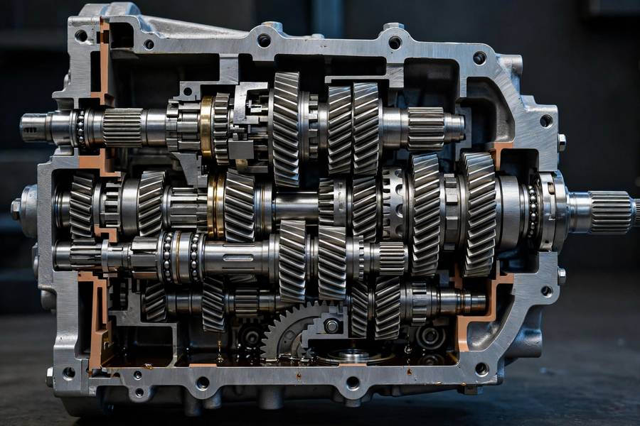 Gearbox gears multiplying engine torque into wheel torque