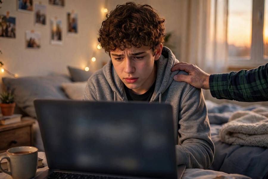 Student anxiously checking a college decision portal on a laptop