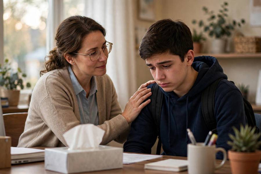Disappointed student comforted by a counselor after a denial