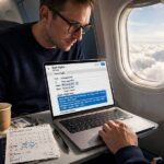 Person booking flights on a laptop while planning travel dates