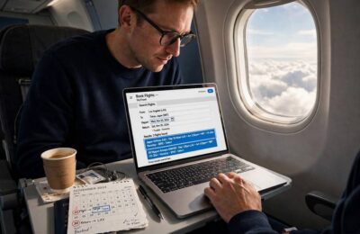 Person booking flights on a laptop while planning travel dates