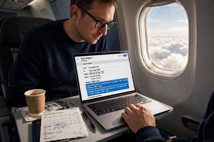 Person booking flights on a laptop while planning travel dates