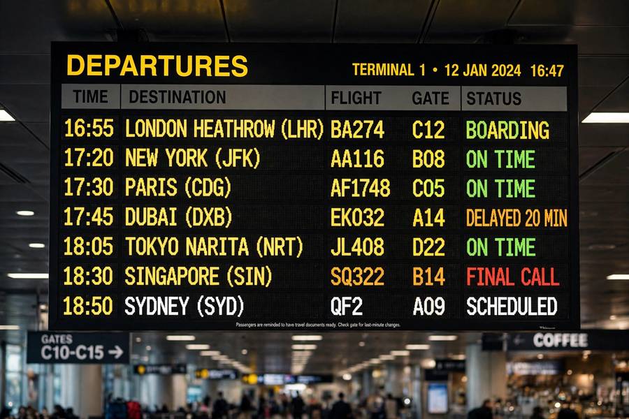 Airport departure board showing flight destinations
