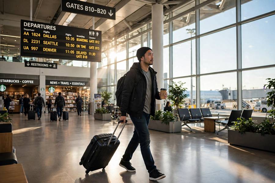 Traveler with suitcase walking through an airport terminal