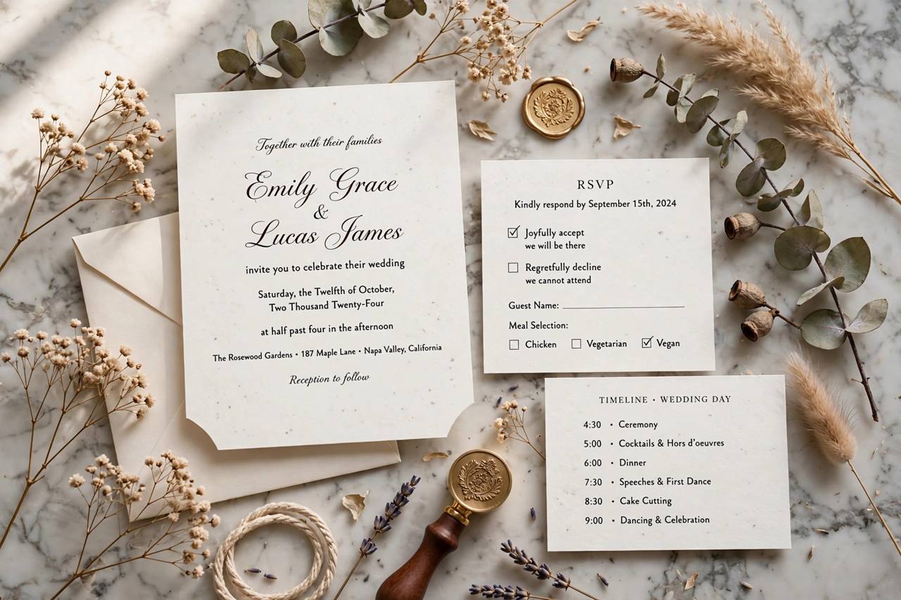 A wedding planner's desk with a timeline checklist and invitation samples