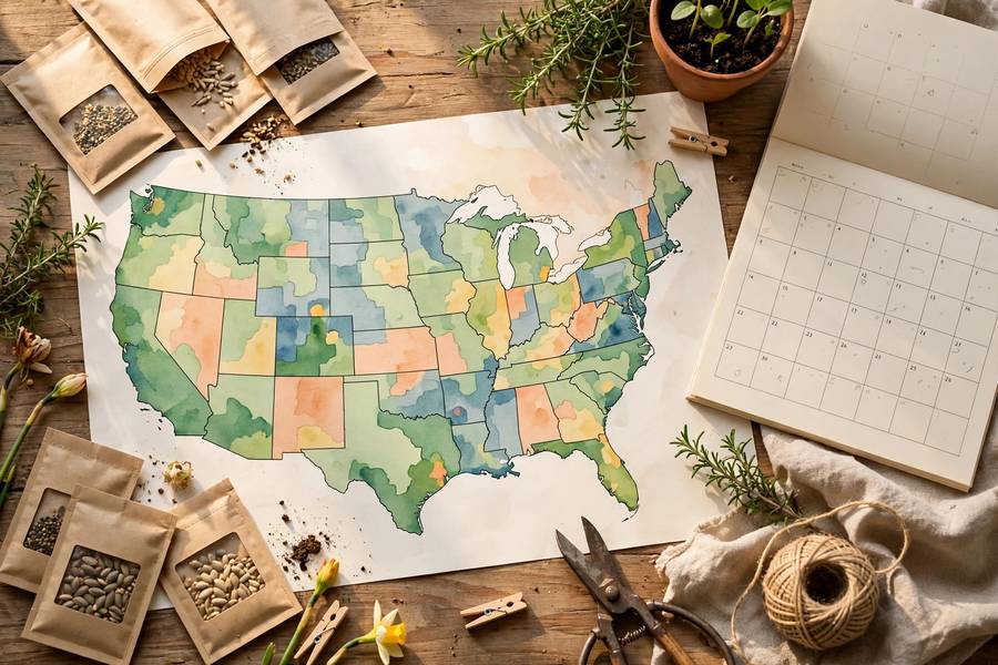Garden planning table with seed packets and calendar for zone-based planting dates
