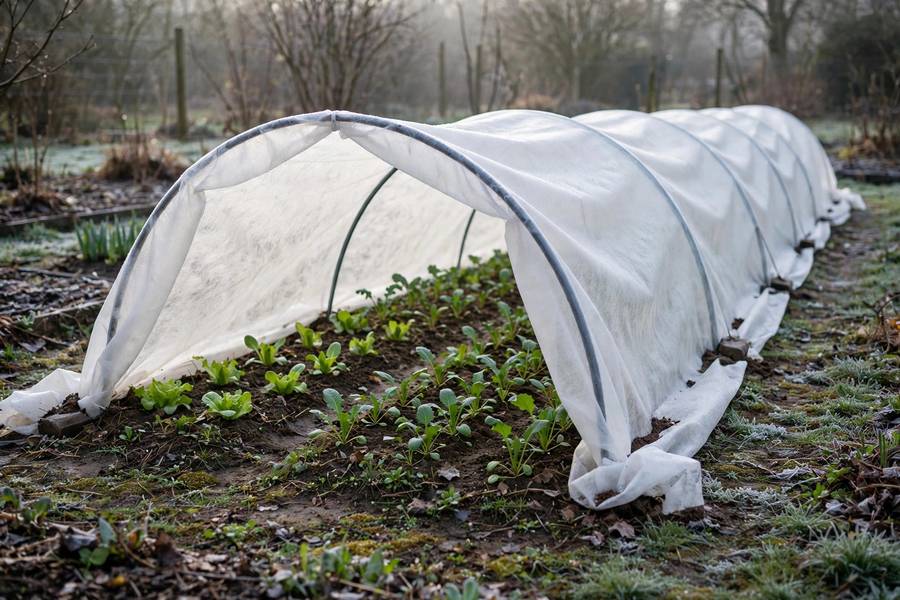 Low tunnel hoop house with row cover protecting vegetable rows in early spring