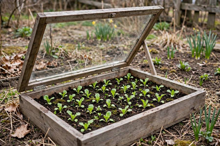 Open cold frame with young seedlings growing inside in an early spring garden