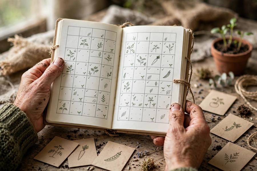 Hands holding a garden journal with planting dates beside seed packets