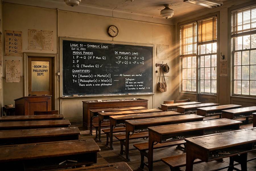 A 1950s lecture hall where early AI ideas were discussed