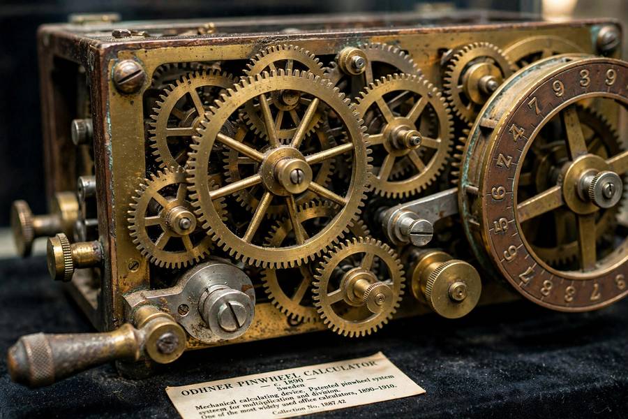 An antique mechanical calculator, ancestor of AI machines