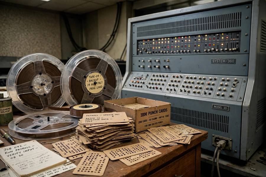 Punch cards and tape reels from early computing era