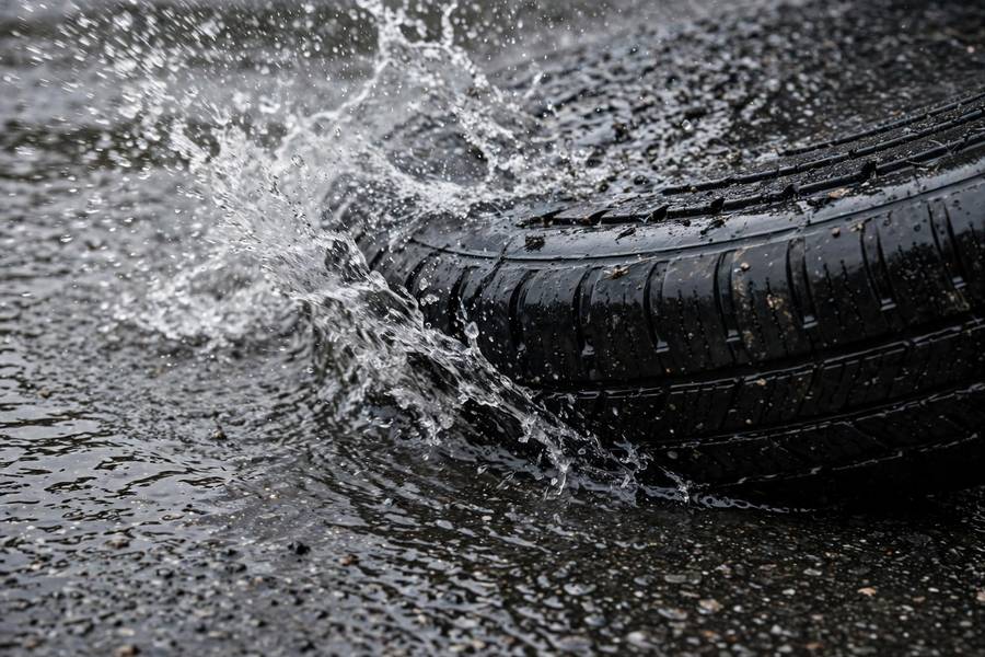 Tire tread channeling water on wet asphalt to prevent hydroplaning in rain