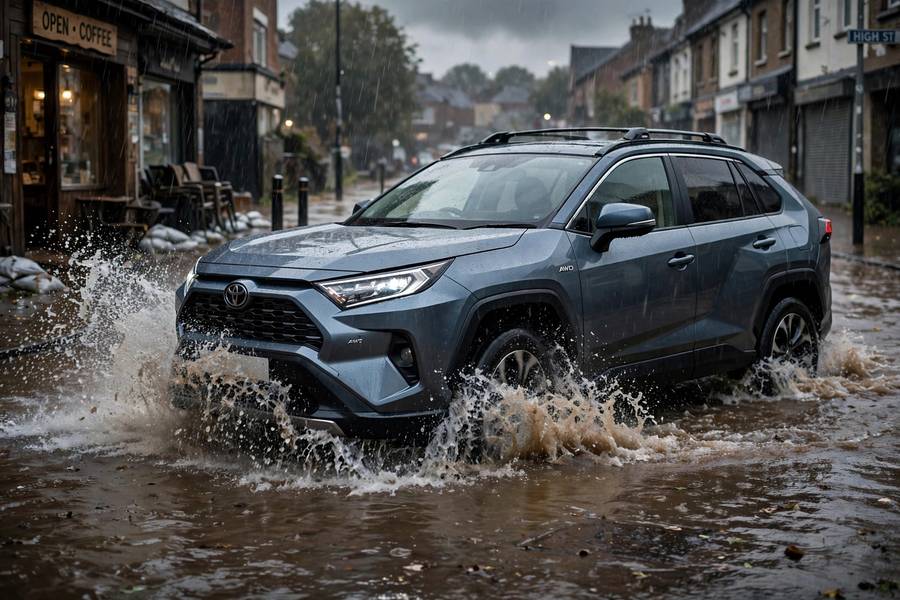 AWD crossover driving through standing water after heavy rain