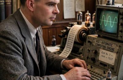 Alan Turing at early computer, candidate father of AI