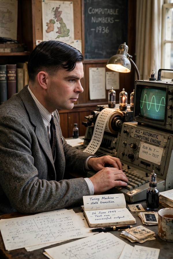 Alan Turing at early computer, candidate father of AI