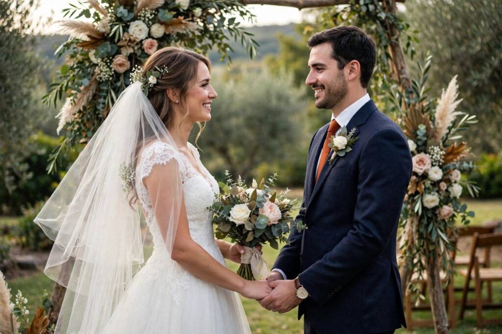 Bride and groom at an outdoor wedding ceremony