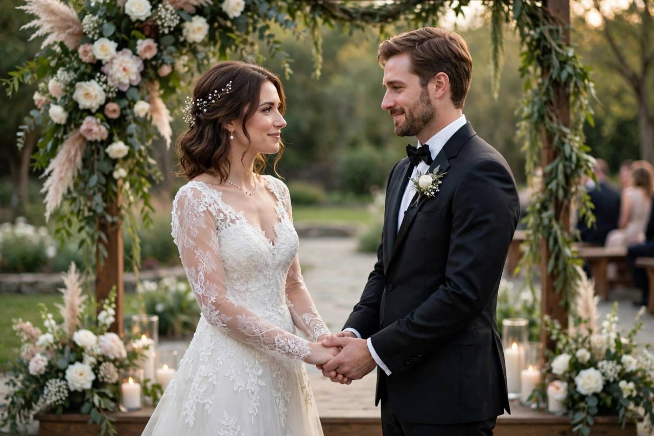 Elegant wedding couple holding hands at ceremony