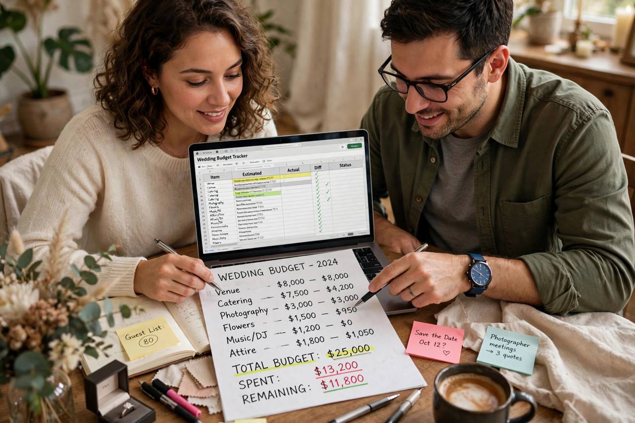 Couple reviewing wedding budget plans together