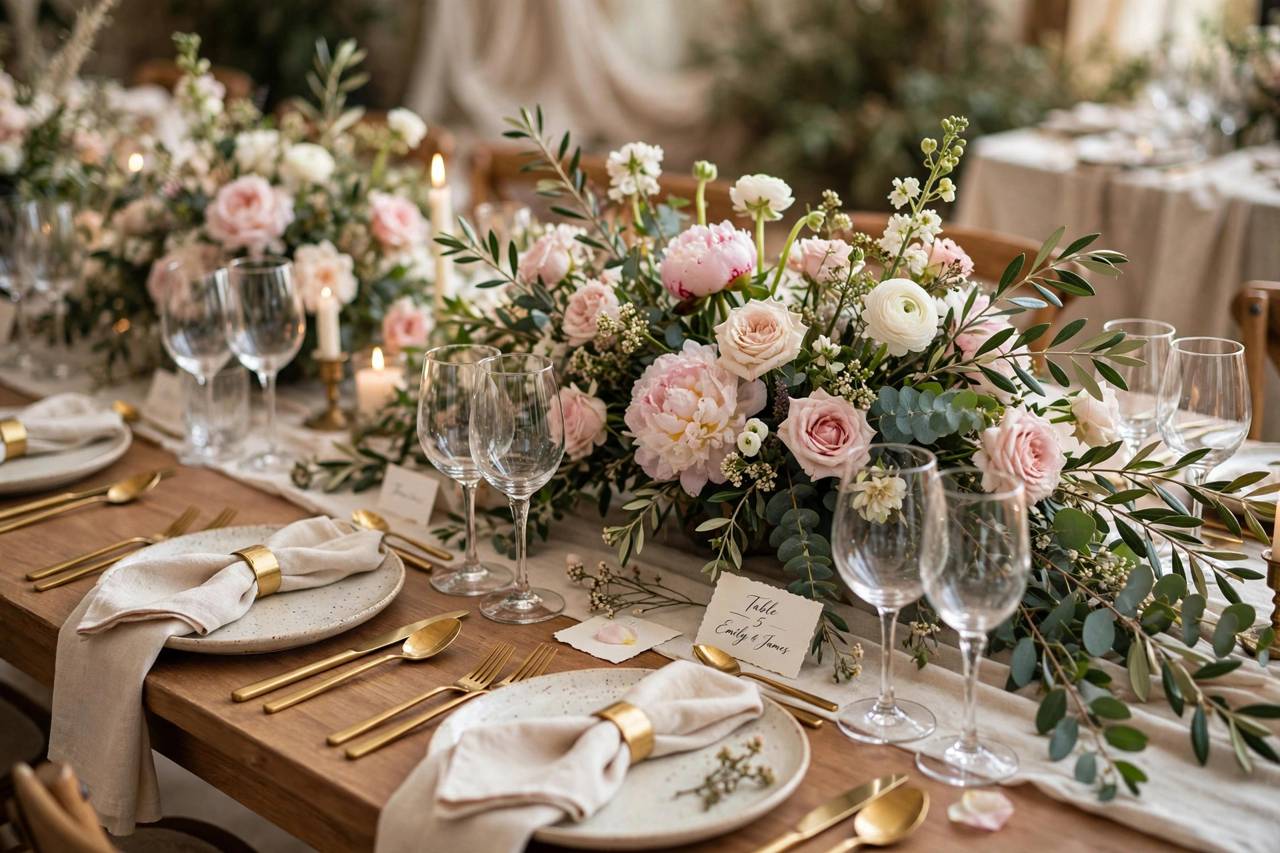 Beautiful wedding reception table setting with flowers