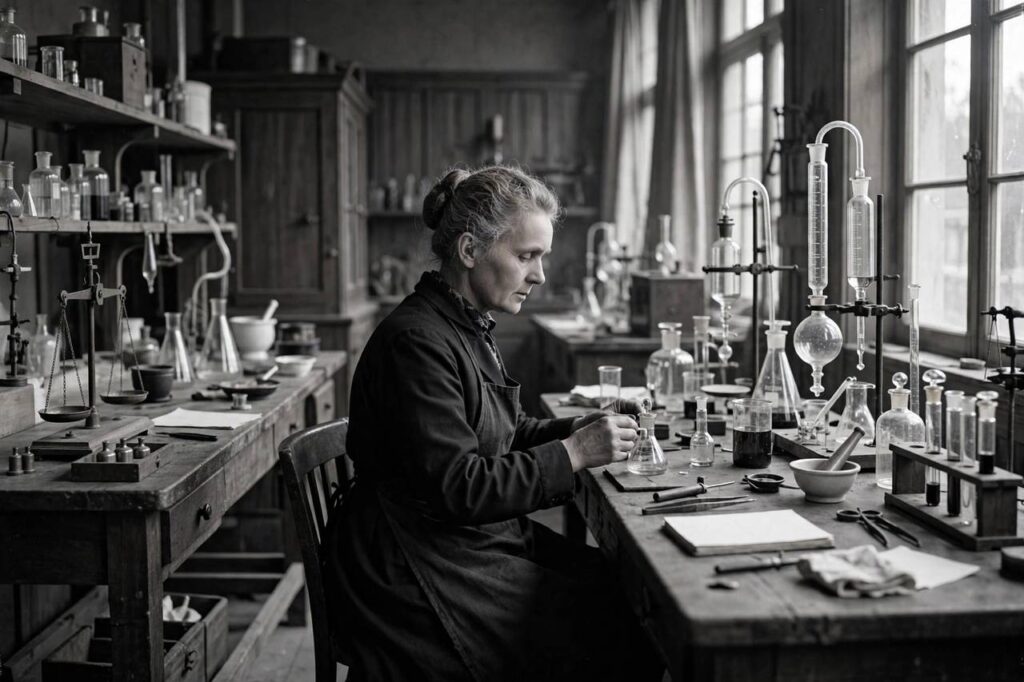 Historical photograph-style portrait of Marie Curie in her laboratory with scientific equipment