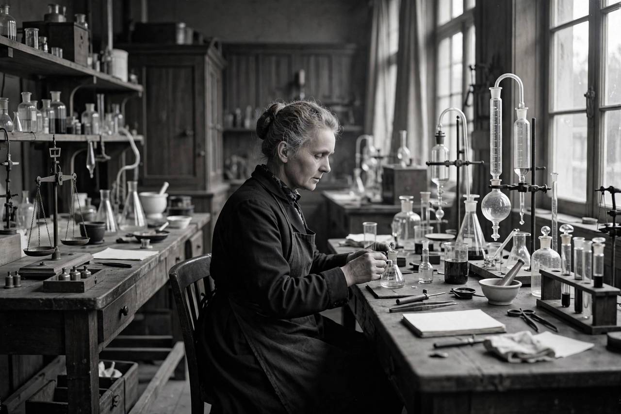 Historical photograph-style portrait of Marie Curie in her laboratory with scientific equipment