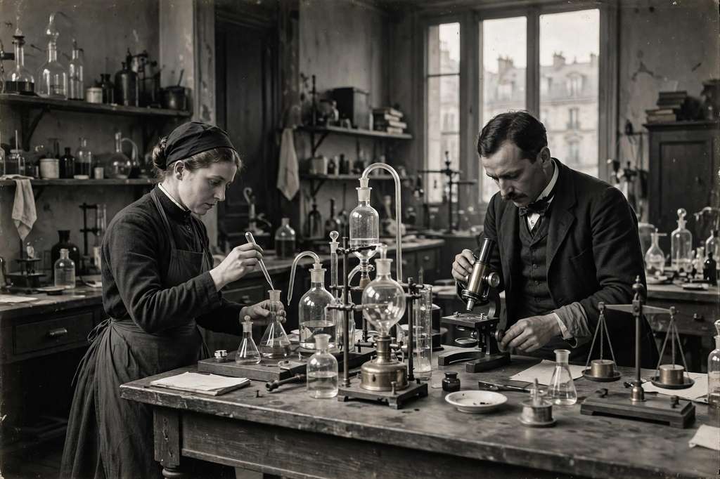 Marie Curie and Pierre Curie working together in their laboratory with glassware and instruments