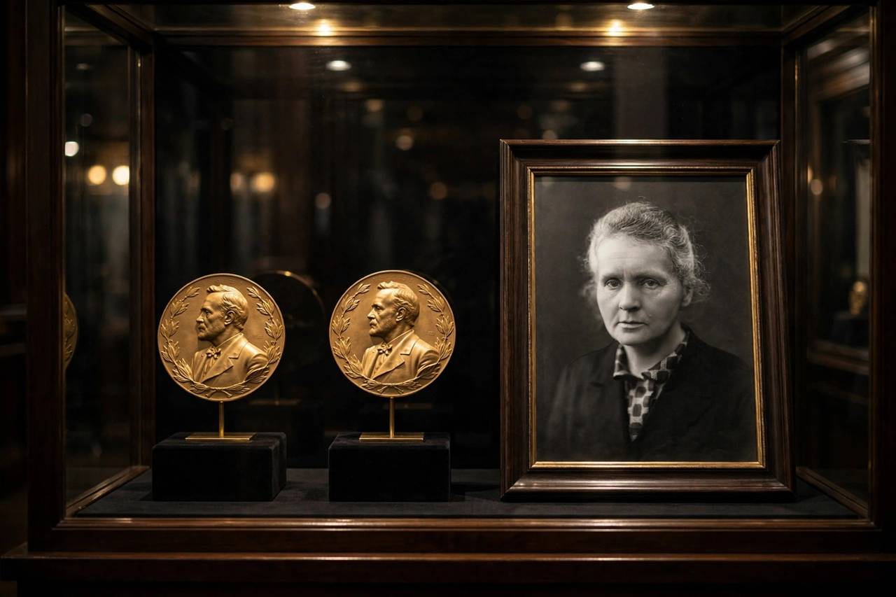 Nobel Prize medals displayed with Marie Curie's portrait, representing her two Nobel Prizes
