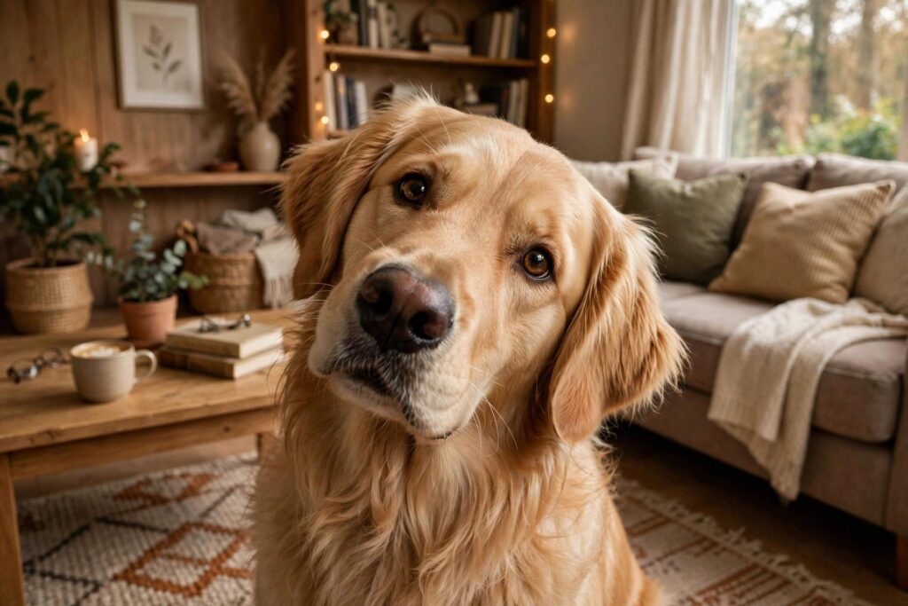 Dog tilting its head curiously while looking at the camera