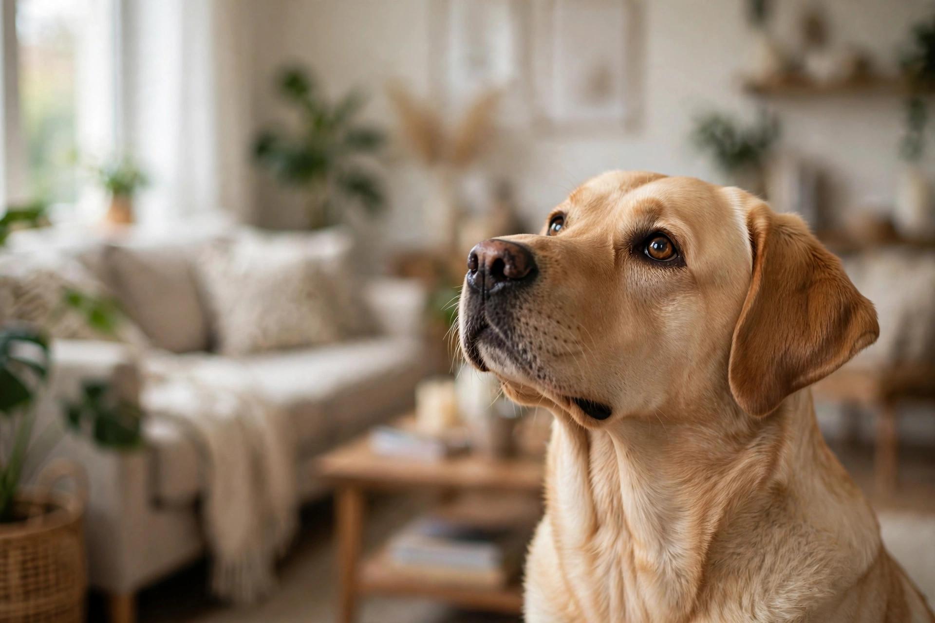 Dog with head tilted listening to its owner speaking
