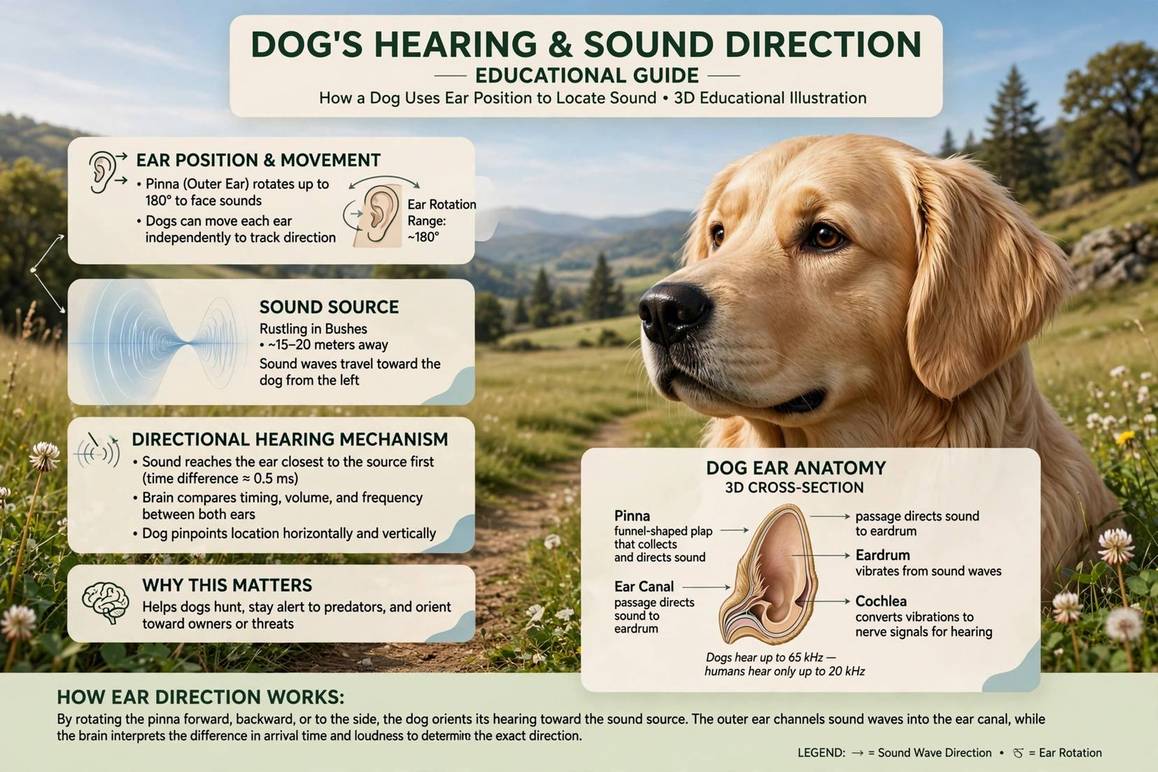 Illustration of how a dog's ear position affects hearing direction