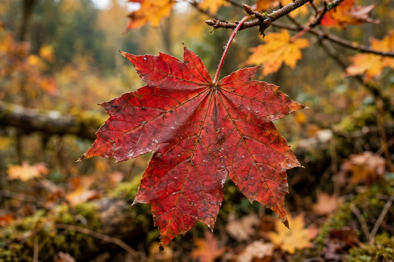 Close-up of a red maple leaf with visible veins in autumn