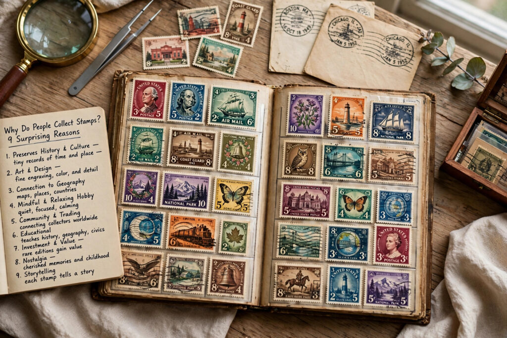 A stamp album page filled with colorful vintage postage stamps
