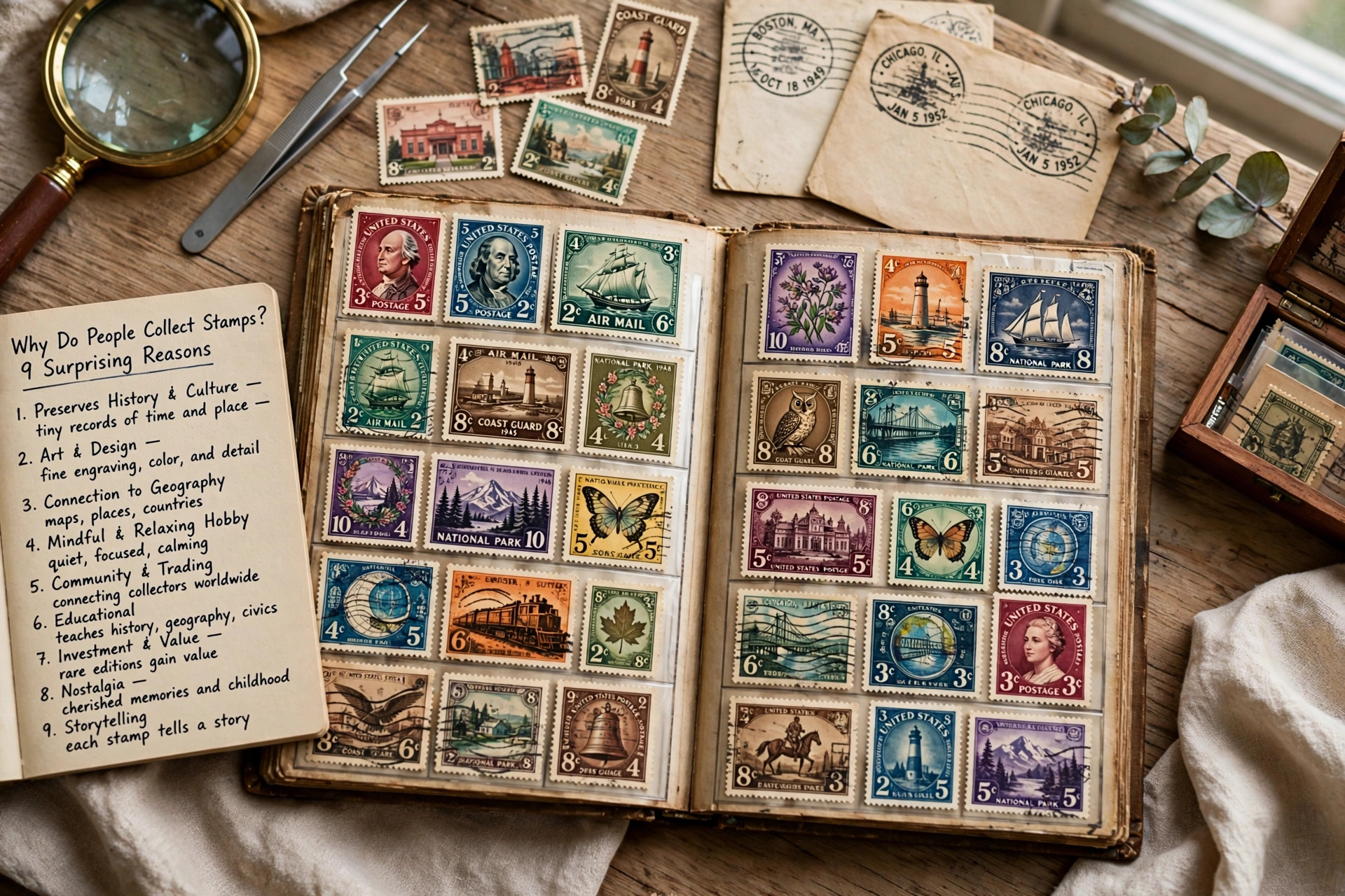 A stamp album page filled with colorful vintage postage stamps