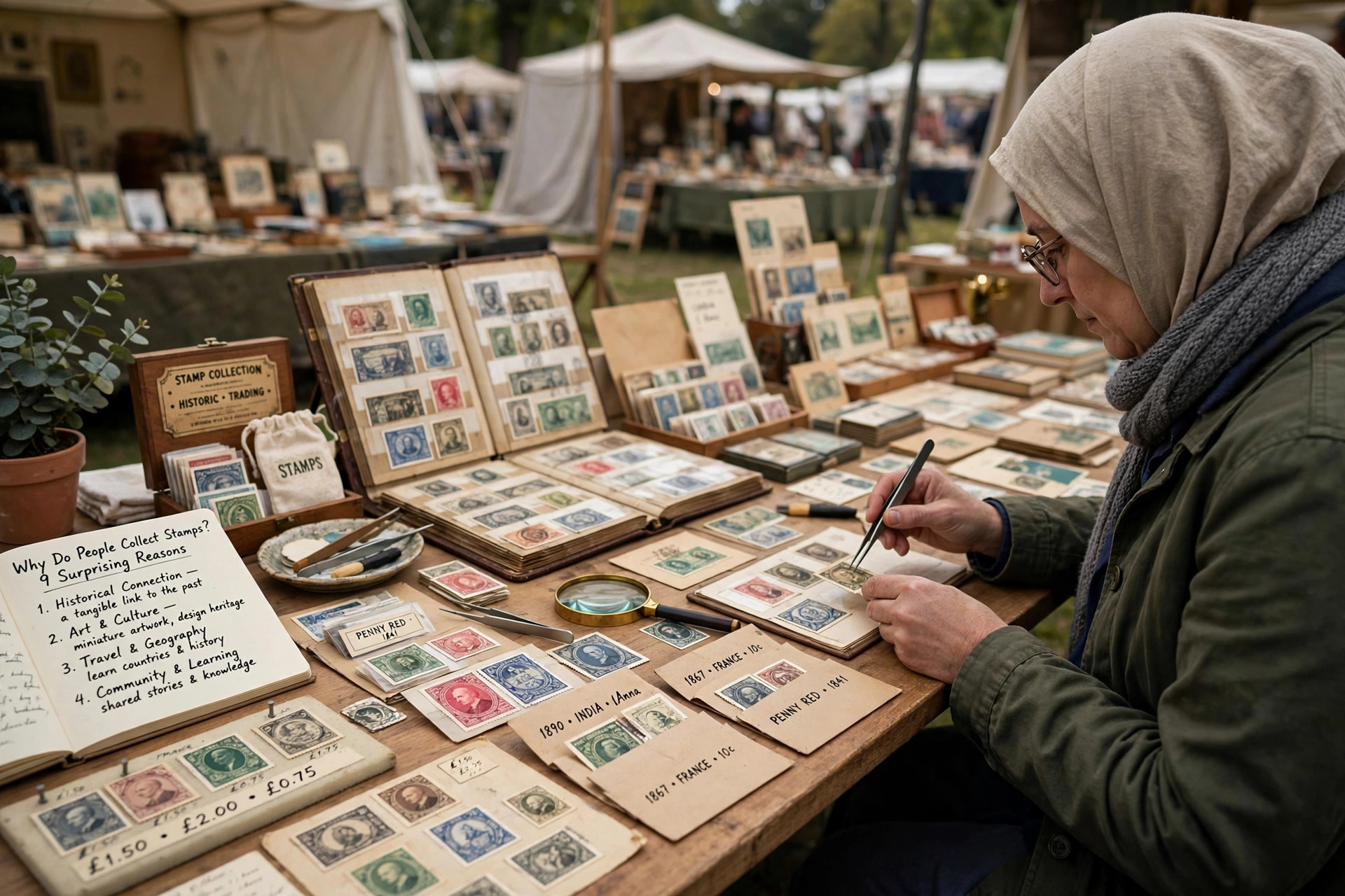 Collector examining old stamps with tweezers at a stamp fair table
