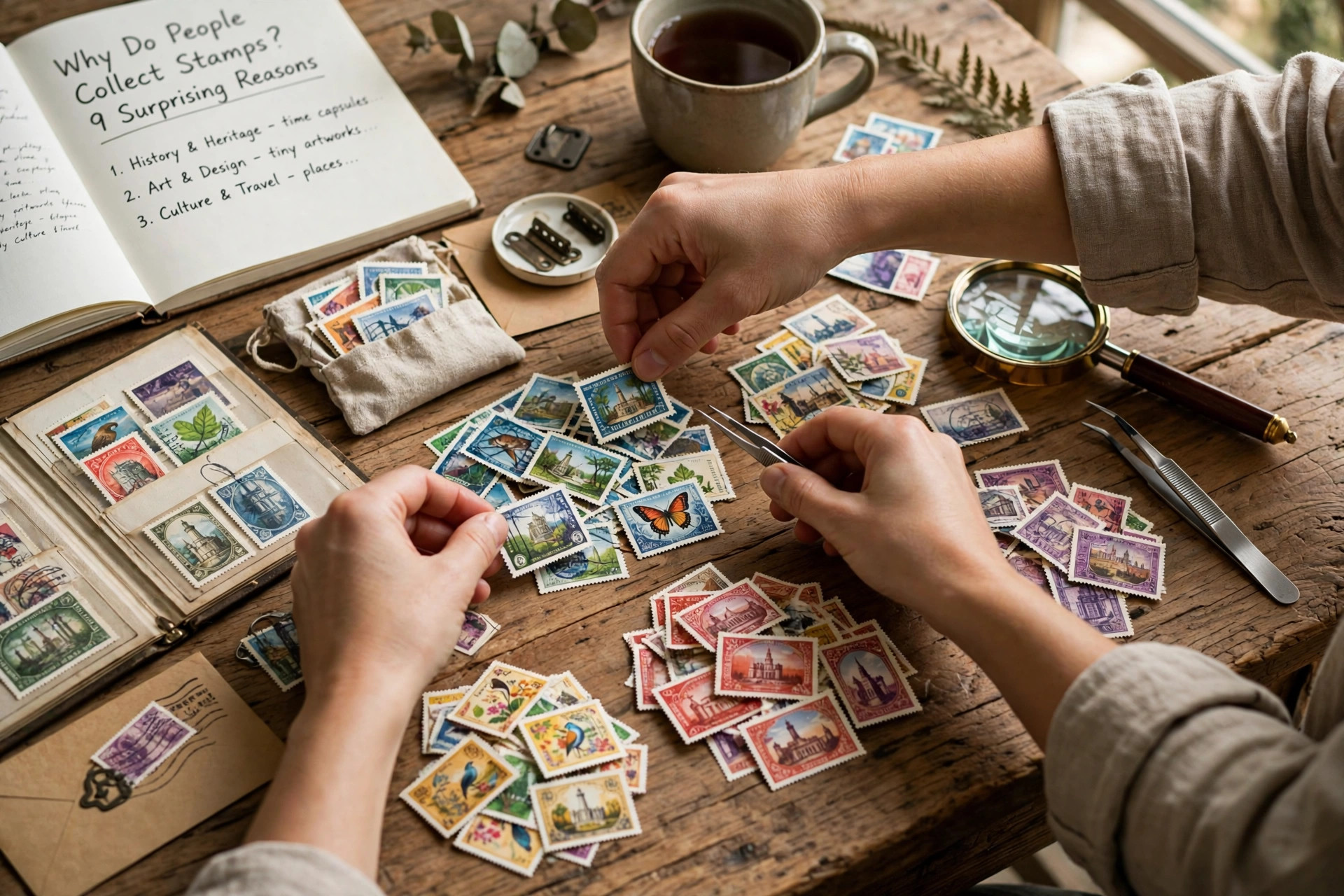 Hands sorting colorful postage stamps into piles on a wooden desk