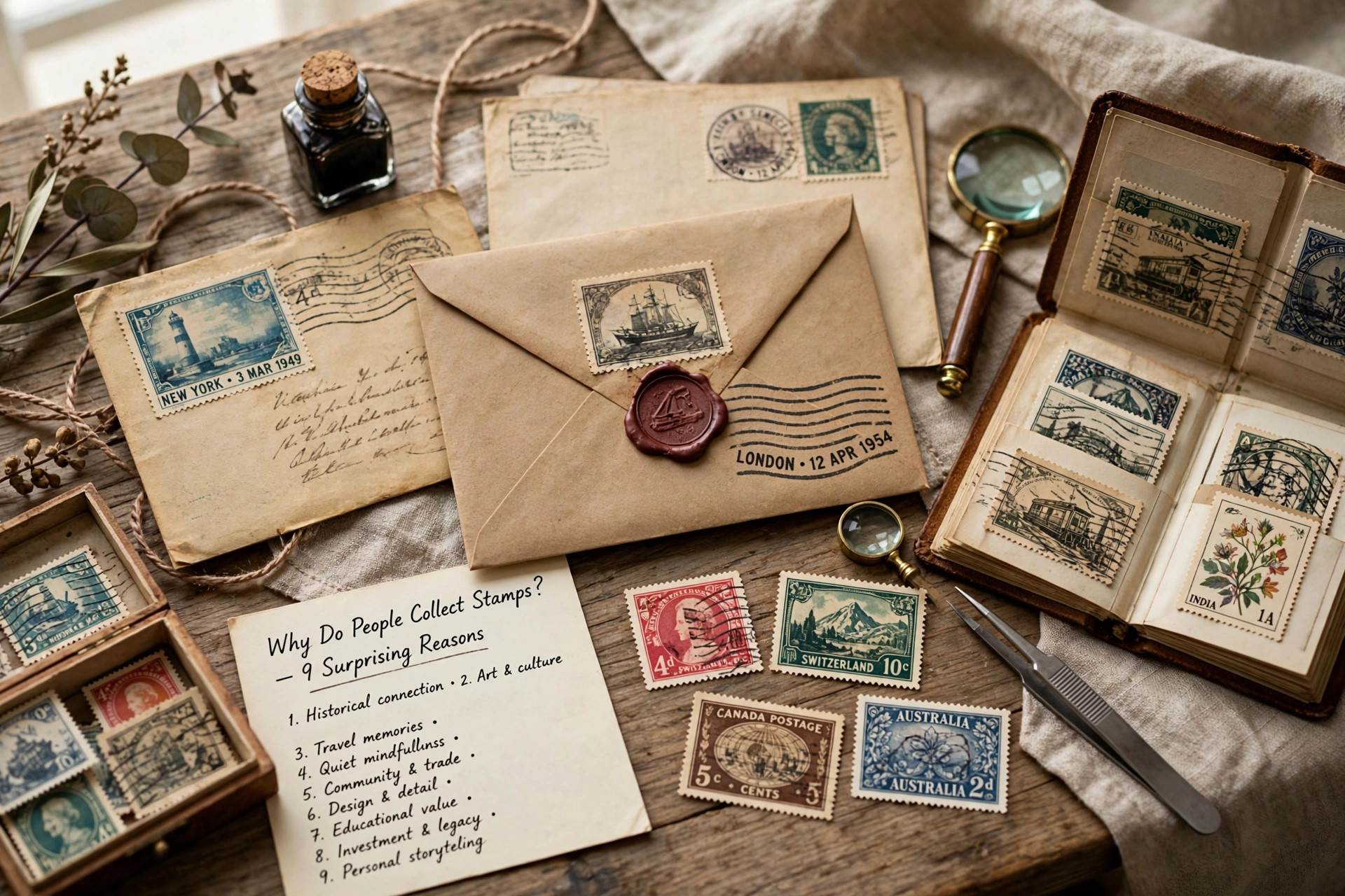 Vintage envelopes with postmarks and stamps arranged on a table