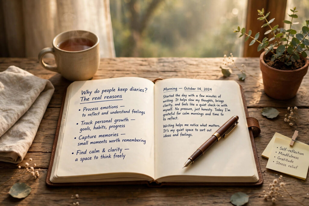 Open diary with a pen on a wooden desk in warm morning light