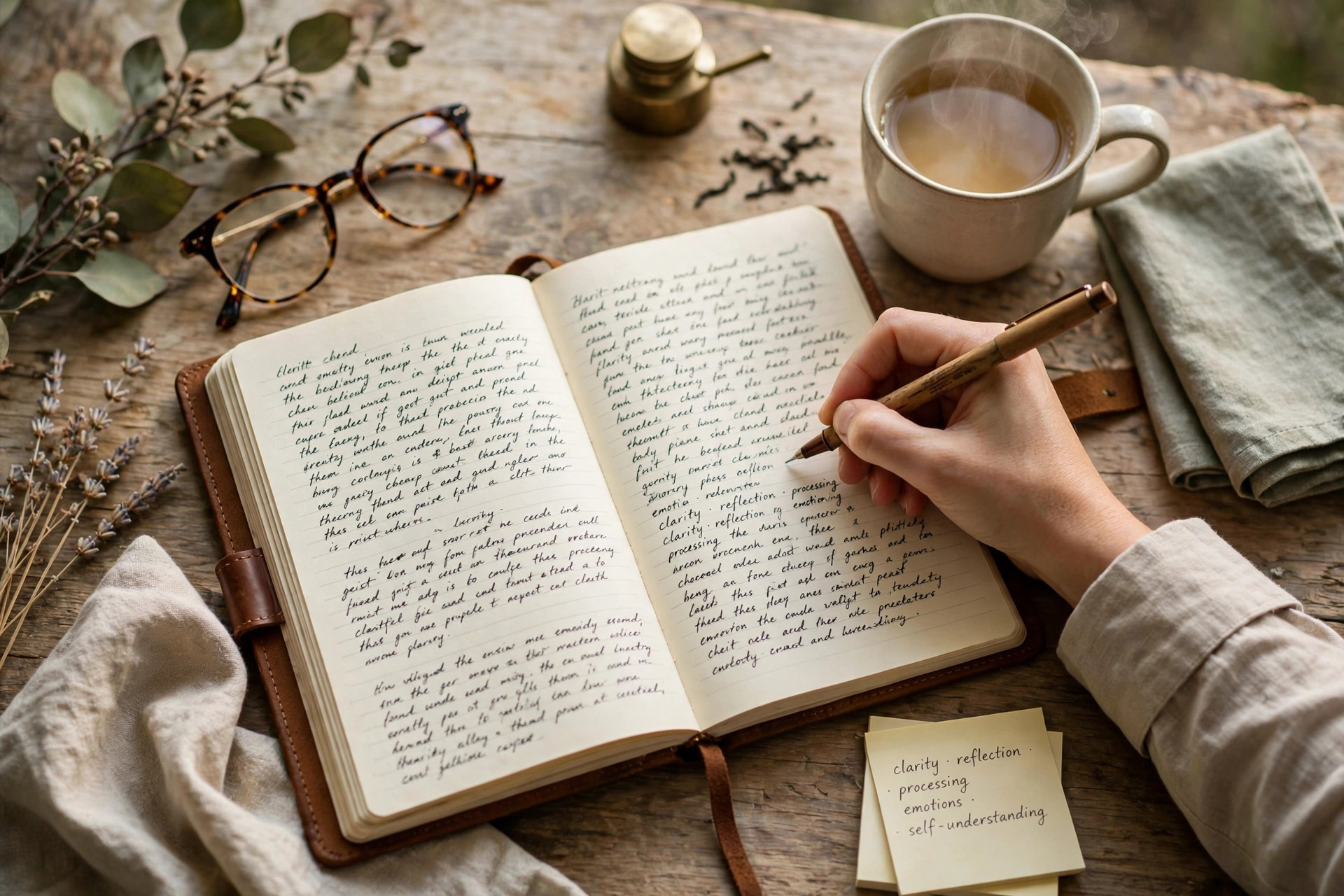Hand writing in a notebook journal with a cup of tea nearby