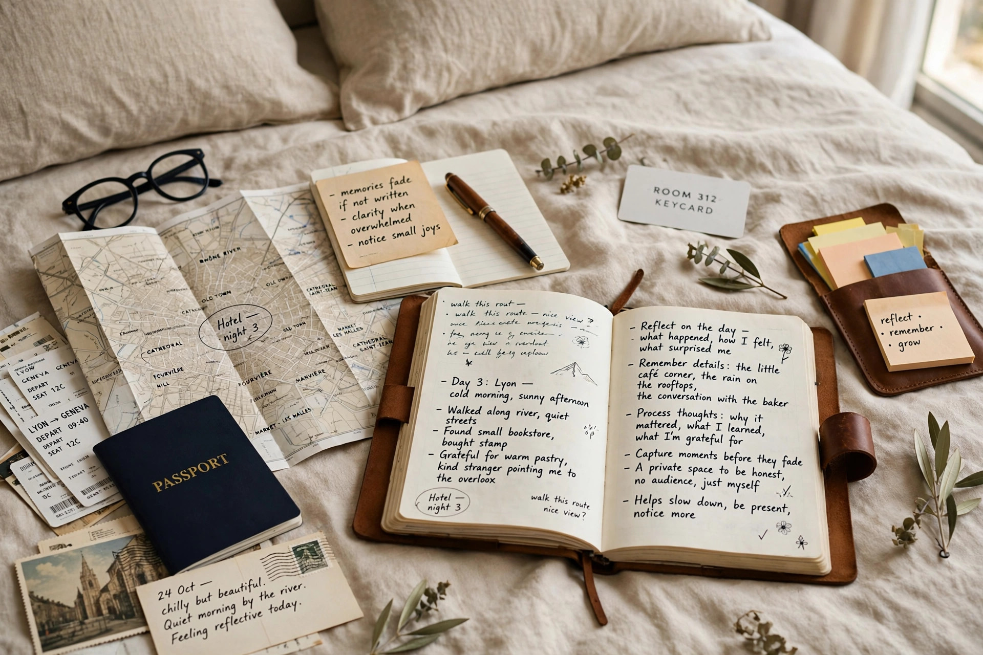 Travel diary with maps and handwritten notes on a hotel bed