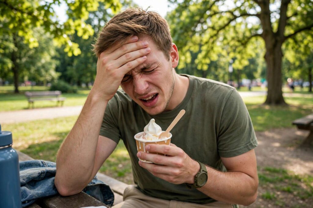 Person holding their forehead with a brain freeze while eating ice cream