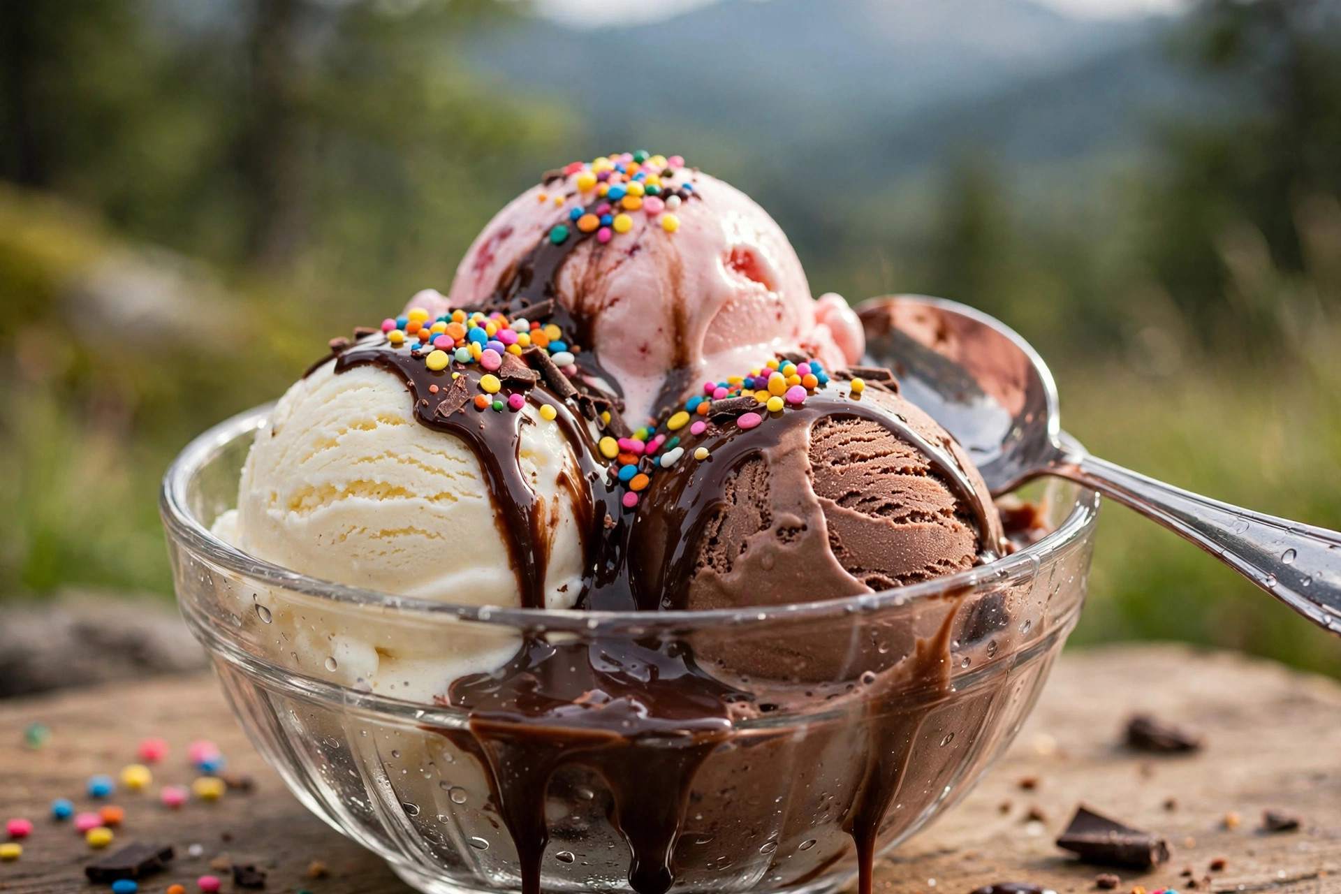 Close-up of an ice cream sundae with a spoon