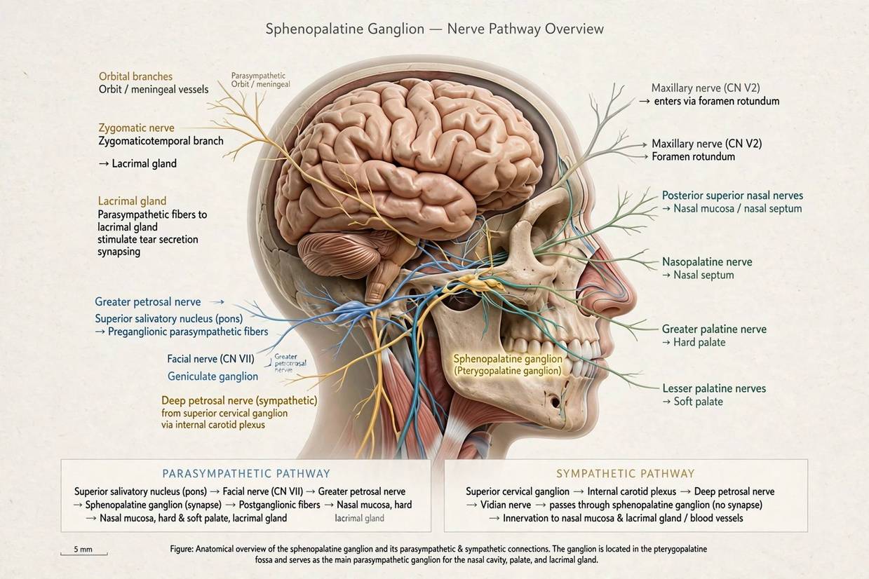 Diagram showing the sphenopalatine ganglion nerve pathway