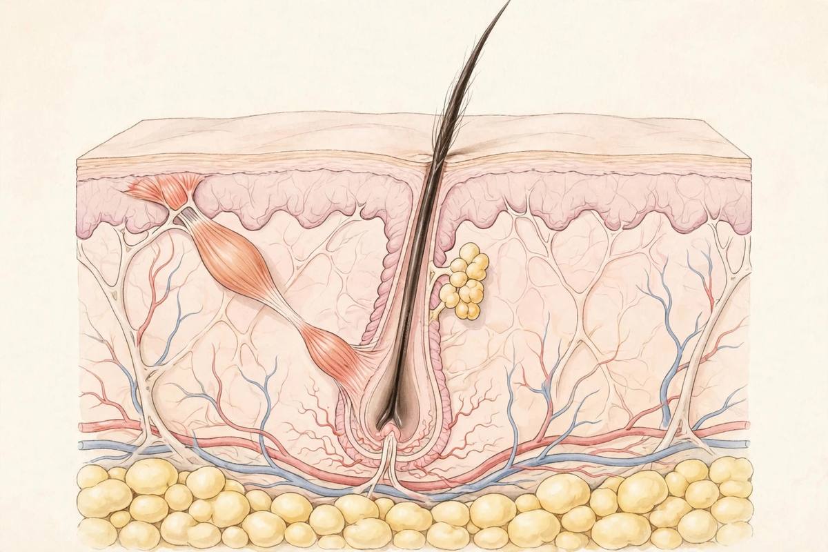 Illustration showing the arrector pili muscle contracting at the base of a hair follicle beneath the skin