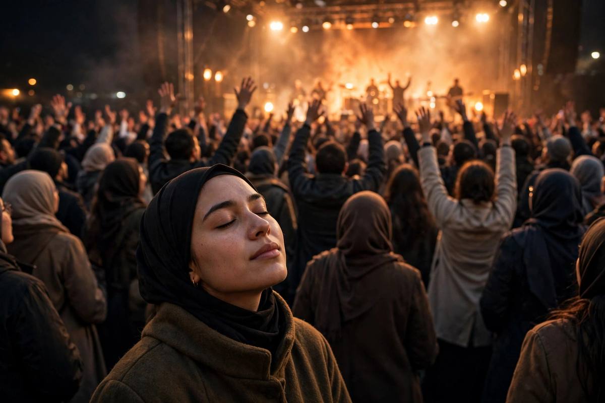 Concert crowd with raised arms, a listener experiencing chills from emotional music