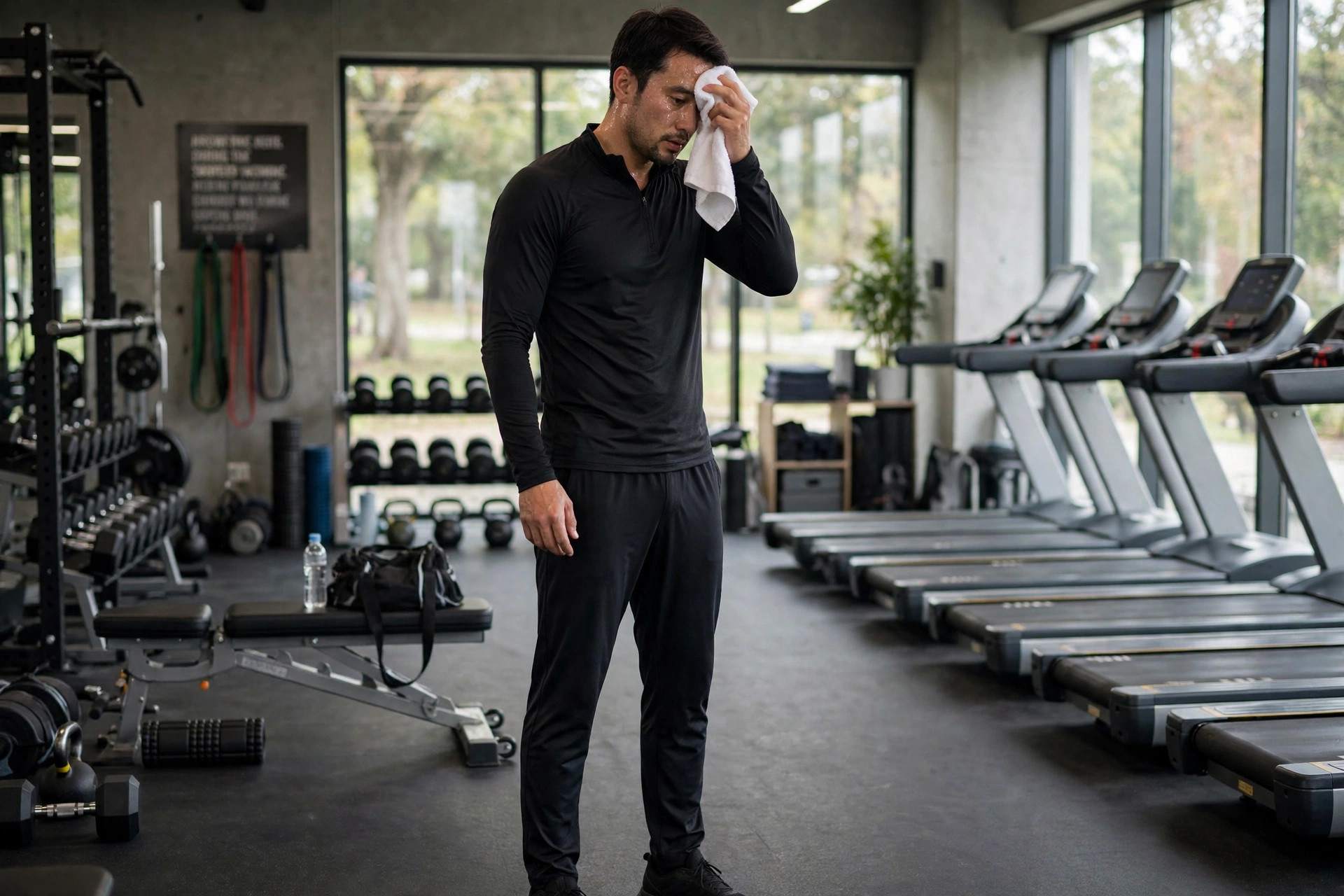Person wiping sweat from forehead during exercise