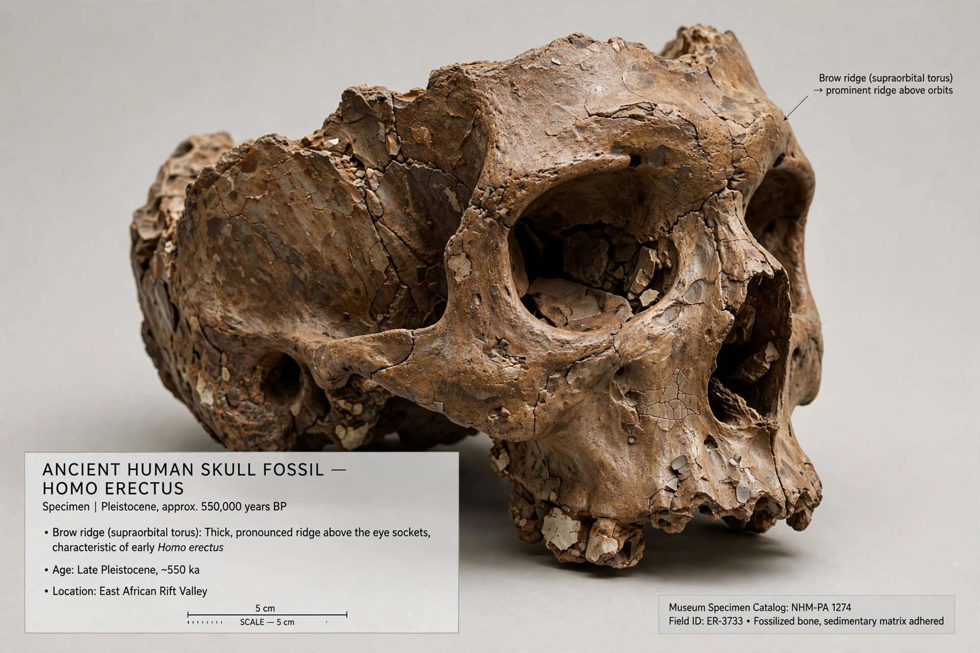 Ancient human skull illustration showing brow ridge